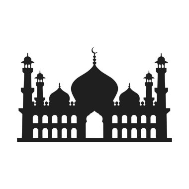 Büyük kubbeler, minareler ve karmaşık kemerler içeren bir İslam camisinin çarpıcı siyah siluet vektörü. Ramazan, Kurban Bayramı, İslami festivaller, tebrik kartları, posterler, dini afişler ve kültürel sanat eserleri için ideal. Hem dijital hem de p için mükemmel