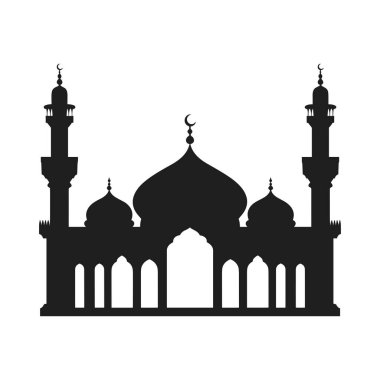 Kubbeleri, minareleri ve kemerli girişleri olan bir İslam camisinin güzel siyah silueti. Ramazan, Kurban Bayramı, İslami dekorasyonlar, tebrik kartları, posterler ve kültürel projeler için mükemmel. Dijital ve yazdırma kullanımı için ideal