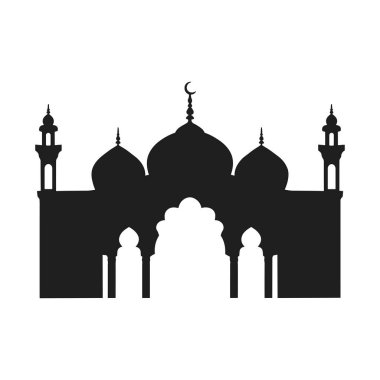 Kubbeleri, minareleri ve kemerli girişi olan bir İslam camisinin yüksek kaliteli siyah siluet vektörü. Ramazan, bayram, dini afişler, tebrik kartları, kültürel projeler, İslami sanat ve mimari tasarımlar için ideal. Bu zarif vektör b