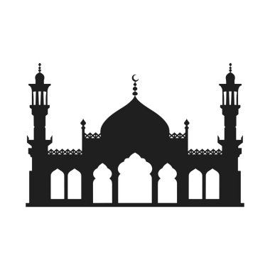 Büyük kubbeler, minareler ve karmaşık kemerler içeren güzel tasarlanmış bir İslami cami siluet vektör çizimi. Bu yüksek kaliteli vektör Ramazan, Kurban Bayramı, İslami festivaller, dini tasarımlar ve kültürel sanat eserleri için ideal. P