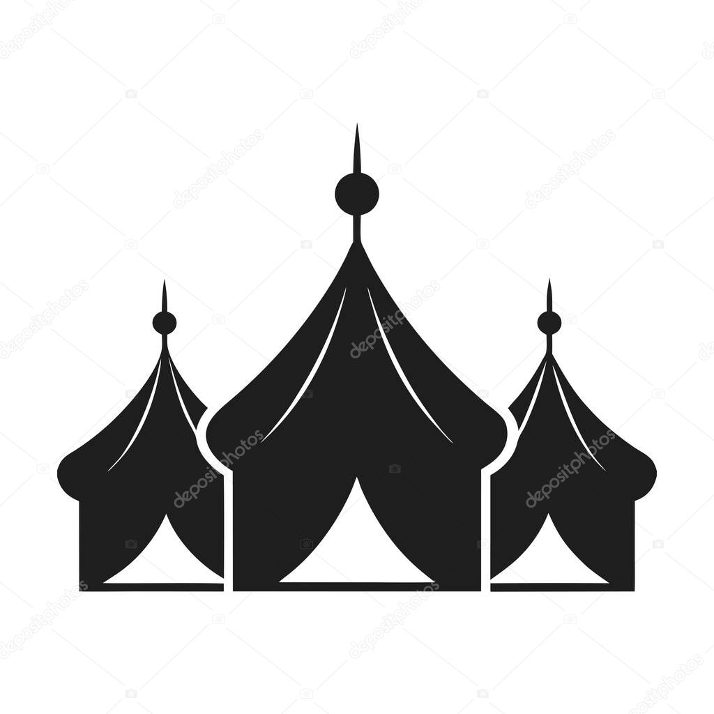 Minimalist black silhouette of three tents, perfect for festival, carnival, or outdoor event design projects. Ideal for branding, logos, and digital illustrations.