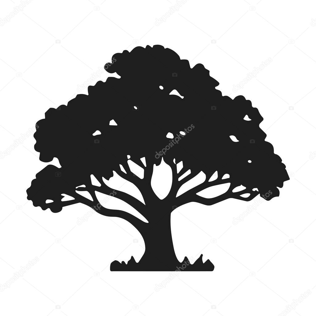 A beautifully detailed silhouette vector of a tree with a wide canopy and natural base. This design is ideal for eco-friendly themes, logos, nature projects, and minimalist artworks. Perfect for creative uses in graphic design and print.