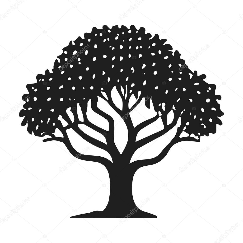 A stunning vector silhouette of a lush tree with dense foliage and intricate branches. Ideal for eco-friendly designs, nature-inspired artwork, branding, and environmental projects. This black-and-white illustration offers versatility and elegance fo