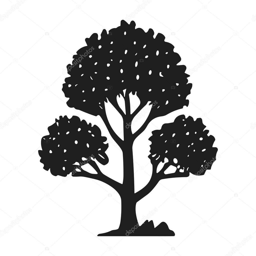 A detailed vector silhouette of a tree with three lush canopies, representing growth and nature. Ideal for eco-friendly designs, environmental projects, and natural-themed artworks. This black-and-white illustration is perfect for logos, branding, an