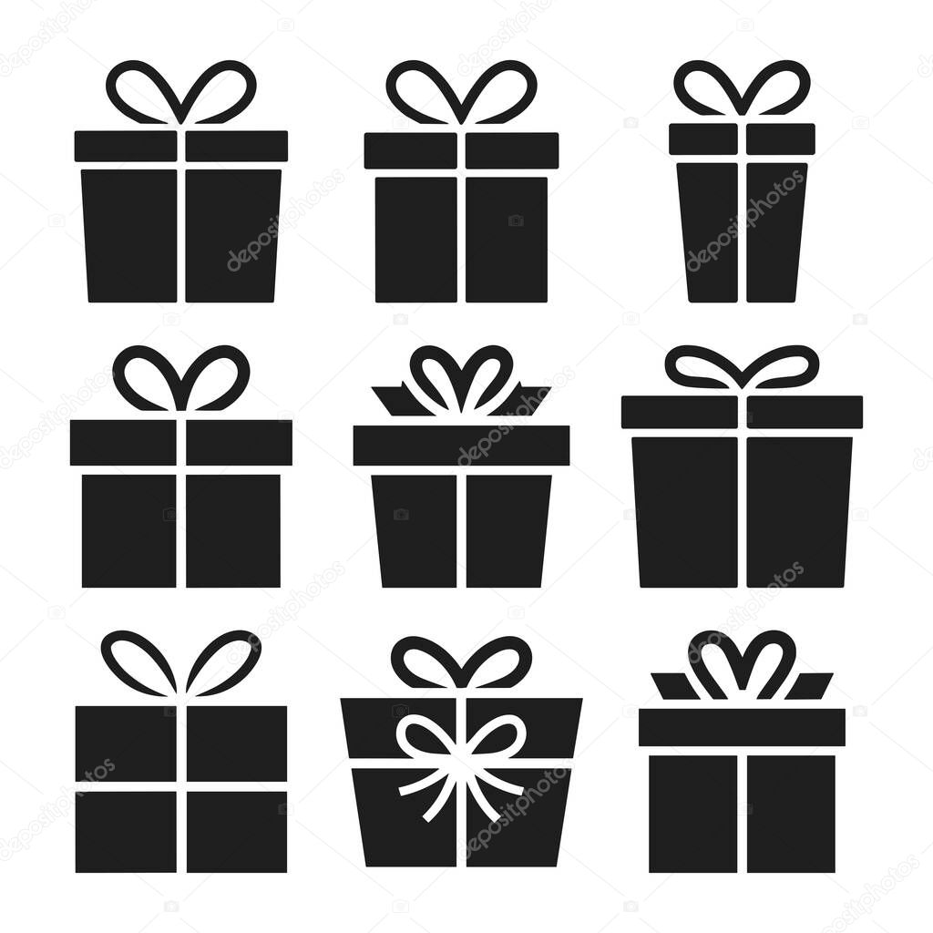 A collection of nine gift box silhouette vector designs featuring bows and various shapes. Perfect for use in holiday greetings, event invitations, branding, and festive design projects for occasions like Christmas, birthdays, weddings, and anniversa