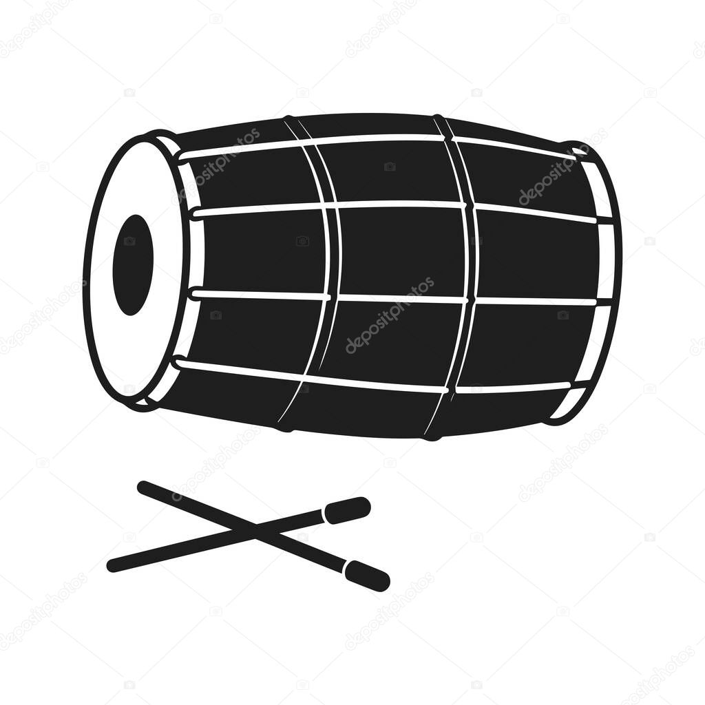 A black silhouette vector illustration of a traditional dhol drum with drumsticks. Perfect for cultural, folk, and musical designs, including event posters, logos, branding, and festival promotions. Ideal for projects related to Indian, Punjabi, and