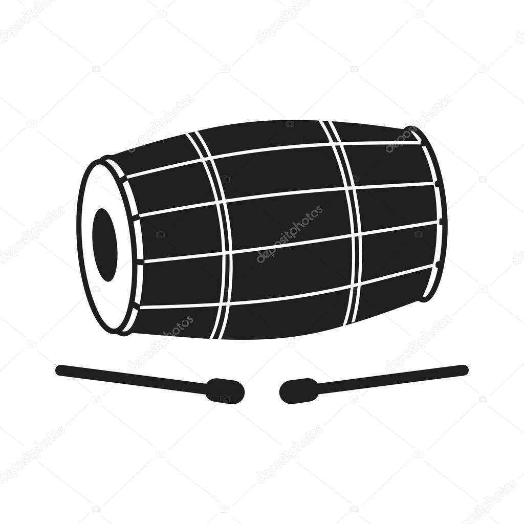 A black silhouette vector illustration of a traditional dhol drum with drumsticks, showcasing its cultural and musical significance. Ideal for music-related designs, festival promotions, event posters, logos, and branding. Suitable for projects relat