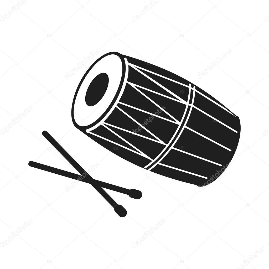 A black silhouette vector of a traditional dhol drum accompanied by drumsticks, representing cultural and folk music. Perfect for festival posters, musical event branding, logos, and artistic projects related to Indian, Punjabi, and South Asian music