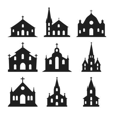İçinde haçları olan çeşitli dini binaların bulunduğu siyah kilise siluet vektör simgelerinden oluşan bir koleksiyon. Hıristiyan tasarımlar, inanç tabanlı projeler, grafikler ve dini çizimler için ideal.