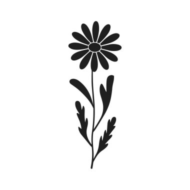 Narin sapı ve yaprakları olan güzel siyah bir papatya çiçeği silueti. Bu minimalist vektör çizimi çiçek tasarımları, botanik desenler, dijital sanat, dövmeler, tebrik kartları, düğün davetiyeleri, çevre dostu markalar için mükemmel.