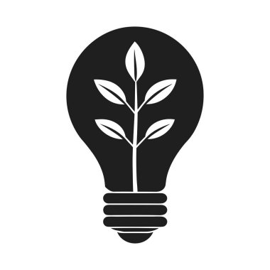 İçinde büyüyen ve sürdürülebilirliği, yenilenebilir enerjiyi ve çevresel korumayı sembolize eden bir bitkinin eko dostu bir ampulün siyah ve beyaz siluet vektör çizimi. Ekonomi kampanyaları, yeşil yenilik ve sürdürülebilir enerji için ideal