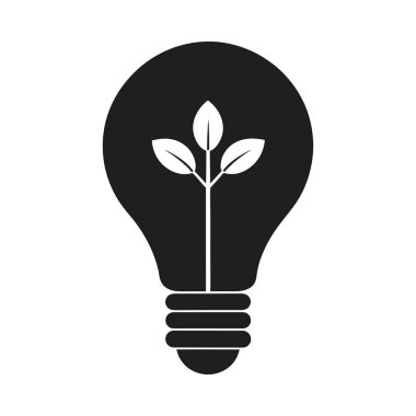 İçinde sürdürülebilir enerji, çevresel koruma ve yenilenebilir enerjiyi sembolize eden filizlenen bir ampulün modern siyah siluet vektörü. Çevreye duyarlı tasarımlar için ideal, yeşil teknoloji markalaşması, temiz enerji kampanyaları ve e