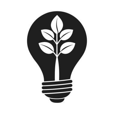İçinde büyüyen bir bitki olan ampulün minimalist siyah siluet vektörü sürdürülebilirliği, yeşil enerjiyi ve çevresel bilinci sembolize ediyor. Çevre dostu markalaşma, yenilenebilir enerji kampanyaları, temiz enerji projeleri ve env için mükemmel