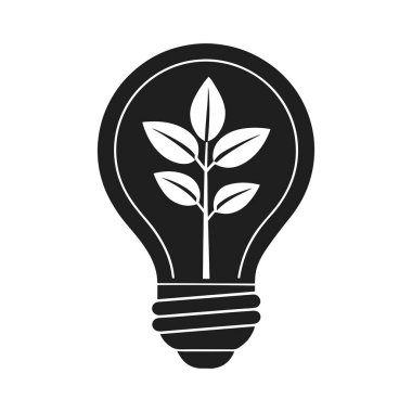 İçinde büyüyen bir bitki bulunan bir ampulün siyah siluet vektörü, ekolojik enerjiyi, sürdürülebilirliği ve çevresel bilinci temsil ediyor. Bu minimalist illüstrasyon yeşil enerji, temiz teknoloji ile ilgili projeler için idealdir.