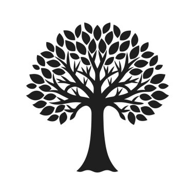 Karmaşık dalları ve gür yaprakları olan güzel tasarlanmış siyah bir ağaç silueti. Logolar, doğa temaları, çevre dostu tasarımlar ve markalaşma için mükemmel. Dijital ve yazdırma projelerinde çok yönlü kullanım için yüksek kaliteli vektör biçiminde kullanılabilir.