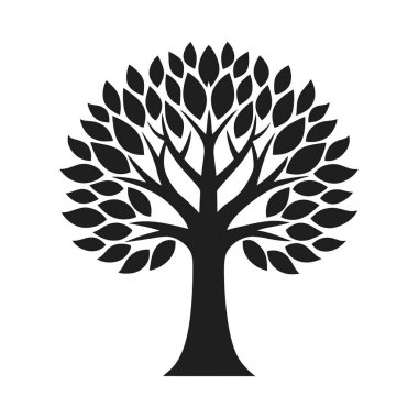 Sanatsal dalları ve gür yaprakları olan simetrik bir tasarımı olan yüksek kaliteli siyah siluet ağaç vektörü. Doğa temalı tasarımlar, çevre dostu markalar, dekoratif sanat eserleri ve logo yaratımı için ideal. Hem dijital hem de matbaa için mükemmel