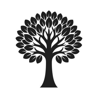 Ayrıntılı dalları ve gür yaprakları olan simetrik bir yapıya sahip güzel tasarlanmış siyah ağaç silueti bir vektör. Doğadan esinlenilmiş tasarımlar, çevre dostu markalaşma, dekoratif sanat ve minimalist çizimler için ideal. Digita için uygun