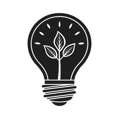 İçinde büyüyen bir ağaç ve filizlenen yapraklar olan, sürdürülebilirliği, yenilenebilir enerjiyi ve çevresel bilinci sembolize eden bir ampulün modern siyah ve beyaz vektör çizimi. Bu minimalist çevre dostu tasarım Dünya Günü için mükemmel.