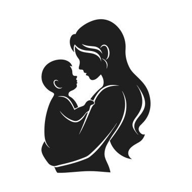 Dokunaklı siyah siluet vektör çizimi bebeğini nazikçe tutan bir anne, koşulsuz sevgiyi ve aile bağlarını simgeliyor. Bu minimalist ve zarif sanat eserleri Anneler Günü tasarımları, ebeveynlik kavramları, bebek bakımı markalaşması için idealdir.