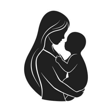 Büyüleyici siyah siluet vektör çizimi bebeğini şefkatle kucaklayan bir anne, koşulsuz sevgiyi, sıcaklığı ve aile bağını temsil ediyor. Bu iç açıcı tasarım anneler günü, ebeveynlik projeleri, annelik temaları için idealdir.,