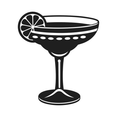 Limon dilimli garnitürlü margarita bardağının, tuzlu kenar tasarımlı, şık bir siyah vektör çizimi. Cinco de Mayo, Meksika fiestaları, kokteyl menüleri, bar markaları ve mikoloji temalı tasarımlar için mükemmel. Tasarımcılar ve barmenler için ideal.,
