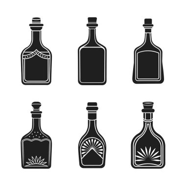 Farklı tekila ve likör şişesi tasarımları içeren altı adet siyah siluet vektör çizimi. Marka, logo, bar menüsü, alkol ambalajı, Meksika temalı grafikler ve içecek endüstrisi tasarımları için ideal. İçki imalathaneleri için mükemmel