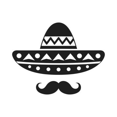Geometrik dekoratif elementleri ve kıvrık bıyıklı geleneksel bir Meksika sombrerosunun cesur bir siyah vektör çizimi. Bu minimalist siluet Meksika kültürünü, mariachi müziğini ve Cinco de Mayo gibi şenlikli kutlamaları temsil eder. İdeal
