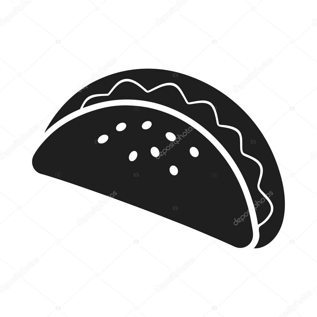 A simple black-and-white vector illustration of a taco, symbolizing traditional Mexican cuisine. Ideal for Cinco de Mayo celebrations, restaurant branding, menu designs, food icons, and digital projects. Perfect for both print and web use, this taco