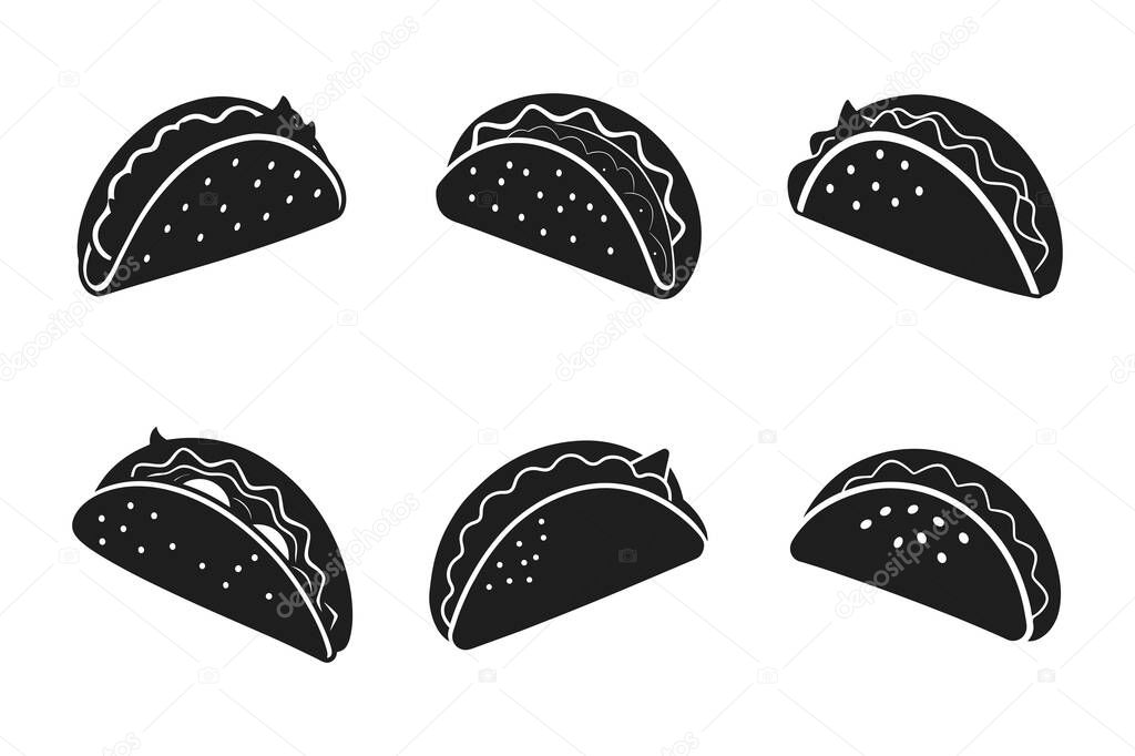 A collection of six black-and-white taco silhouette vectors, perfect for Mexican food themes, restaurant branding, menus, and Cinco de Mayo celebrations. This minimalistic taco illustration set is great for digital designs, print materials, and creat