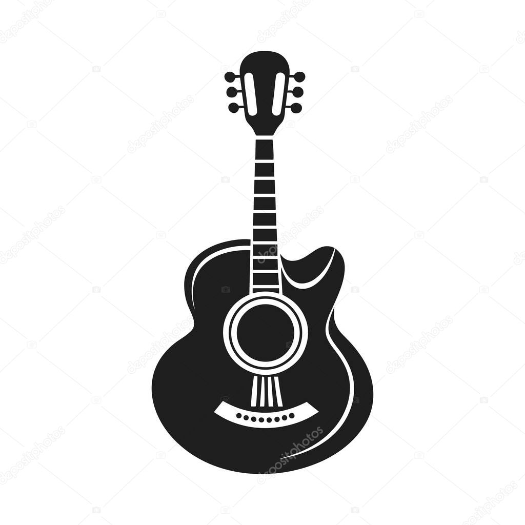 A high-quality black silhouette vector illustration of an acoustic guitar. Perfect for music-related designs, posters, logos, album covers, and creative digital projects. Ideal for musicians, designers, and music lovers. Available in scalable format