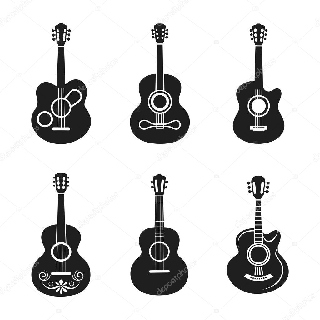 A high-quality vector illustration featuring a set of six unique acoustic guitar silhouettes. Each guitar showcases different artistic and decorative elements, making it perfect for music-related designs, posters, logos, album covers, and digital cre