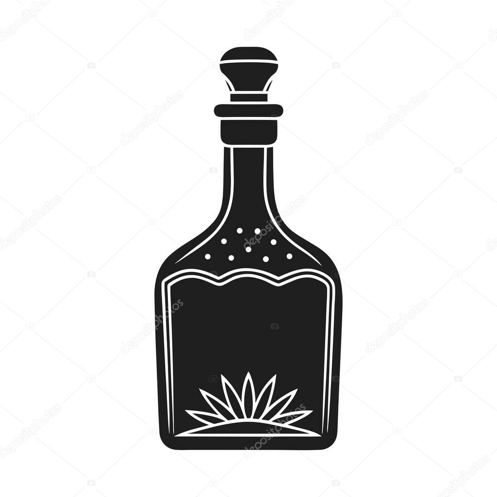 High-quality black silhouette vector illustration of a tequila bottle with an agave plant design. Perfect for branding, logos, bar menus, alcohol packaging, Mexican-themed designs, and creative beverage industry graphics. Ideal for distilleries, cock