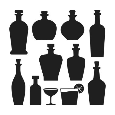 Kaliteli bir vektör formatında kaliteli içki şişesi ve kokteyl cam siluetleri koleksiyonu. Bar menüleri, restoran markaları, ambalajlar, içkiyle ilgili tasarımlar ve parti davetiyeleri için mükemmel. Bu siyah-beyaz minimalist ressam