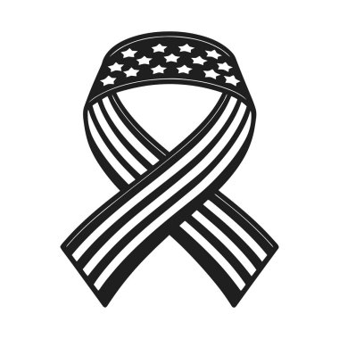 Amerikan bayrağı dizaynlı bir kurdelenin cesur siyah siluet vektör çizimi vatanseverliği, hatıraları ve askerlik hizmetini sembolize ediyor. Bu sanat eserleri Anma Günü, Gaziler Günü, Bağımsızlık Günü ve Birleşmiş Milletler için idealdir.