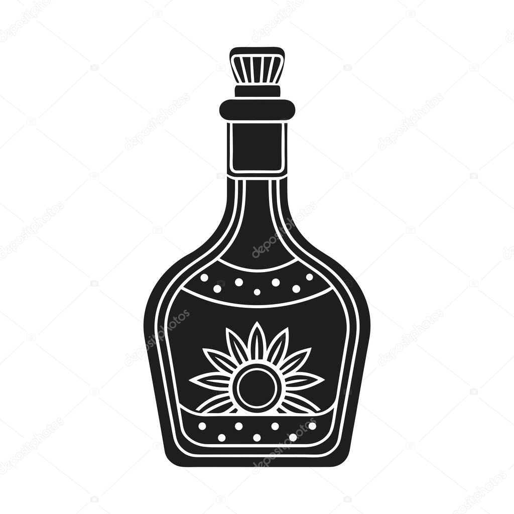 Stylized black vector silhouette of a liquor bottle featuring a sun emblem, ideal for creative beverage branding, bar menus, and alcohol-themed graphic projects. This elegant and artistic bottle design is perfect for spirits like tequila or mezcal, a