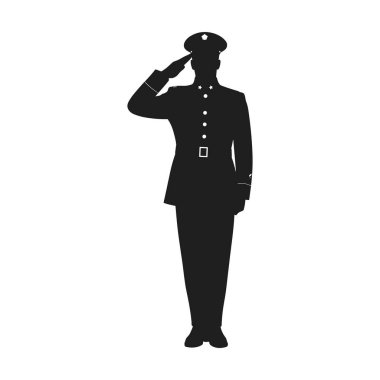 Resmi üniformalı bir subayın siluet vektörü saygı ve saygıyla selamlıyor. Bu yüksek kalite grafik askeri vergiler, ulusal tatiller, gazilerin anma törenleri için disiplin, onur, hizmet ve vatanseverlik anlaşmasını temsil ediyor.