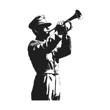 Resmi üniformalı, trompet çalan bir askeri borazancının yüksek kalite vektör silüeti. Vatanseverlik tasarımı, Gaziler Günü grafikleri, askeri temalı posterler, onur seremonileri ve sanat eserleri için mükemmel..