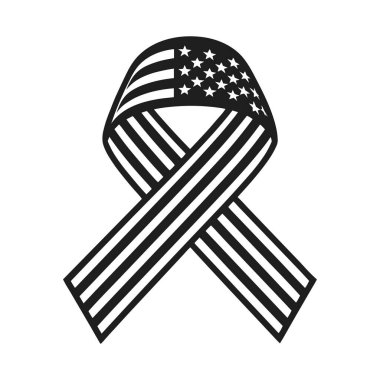 Amerikan bayrağıyla şekillendirilmiş bir kurdelenin yüksek kaliteli siyah-beyaz siluet vektör çizimi. Yıldızların ve çizgilerin yer aldığı bu vatansever tasarım, Amerikan ordusuna ve kamu hizmetine olan saygıyı, ulusal birliği ve saygıyı sembolize ediyor. Mükemmel.