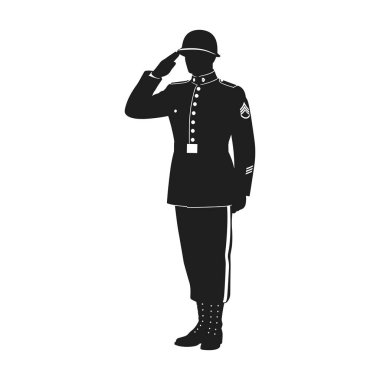 Üniformalı ve selam veren, vatanseverliği, onuru ve ulusal hizmeti temsil eden bir askerin siyah silueti. Bu temiz vektör illüstrasyonu anıt tasarımlar, askeri vergiler ve vatanseverlik grafikleri için mükemmeldir.