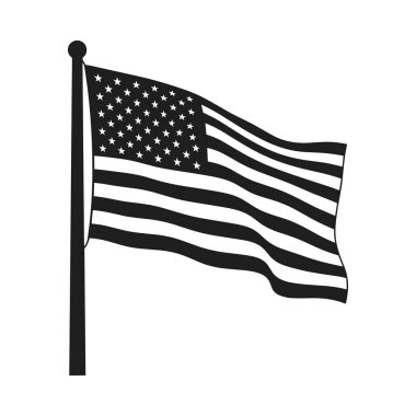 ABD bayrağının siyah silueti rüzgarda sallanıyor. Bu asgari ve cesur çizim vatansever temalar, ulusal etkinlikler, tasarım projeleri, eğitim kullanımı ve Amerikan özgürlüğünü ve kimliğini kutlayan yaratıcı sanat eserleri için mükemmeldir..