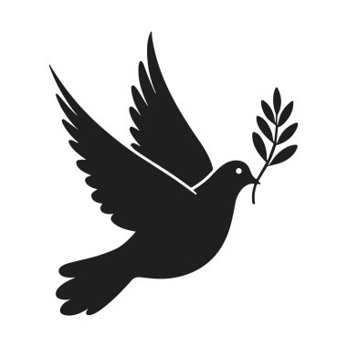 Zeytin dalı taşıyan bir güvercinin minimalist siyah siluet vektörü, barışı, inancı ve ruhani uyumu temsil ediyor. Anıt grafiklerde, savaş karşıtı mesajlarda, dini sanat eserlerinde ve zarif minimalist tasarımlarda kullanım için ideal.