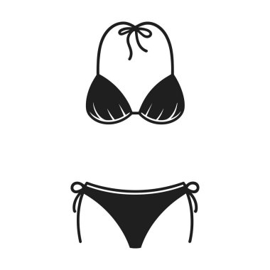 Bir kadın bikini setinin şık siyah silueti, yaz plajı grafikleri için mükemmel, mayo moda projeleri, tatil reklamları, tropikal tasarımlar ve promosyon malzemeleri. AdobeStock, Shutterstock, Freepik ve diğerleri gibi platformlar için ideal..