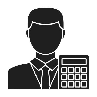 Hesap makinesi tutan bir iş adamının profesyonel siluet vektörü, muhasebe, finans, bütçe ve ofis yönetimini sembolize ediyor. Bilgi grafikleri, iş sunumları, web simgeleri ve yazdırılabilir materyaller için ideal.