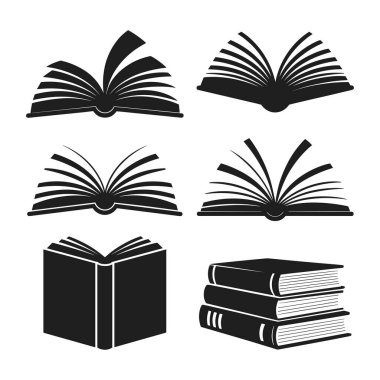 Çeşitli açık ve kapalı kitap tasarımları içeren çok yönlü siyah siluet çizimleri. Eğitim, akademik, kütüphane, okuma ve okul kreatif projeleri için ideal. Dijital tasarımlar, baskı malzemeleri ve okul kampı için mükemmel.