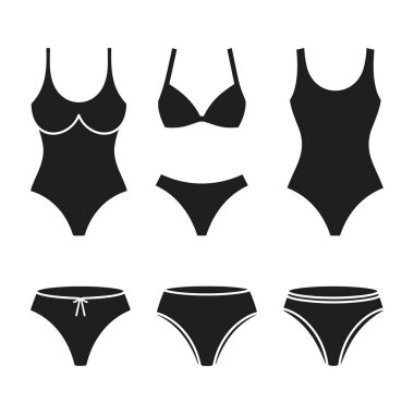 Kadın mayosunun minimalist siyah siluet vektör seti, çeşitli bikini stilleri ve tek parça mayolar içeriyor. Bu modern koleksiyon moda tasarımı, tekstil desenleri, yaz temaları ve plajla ilgili projeler için idealdir. Kullanım için mükemmel 