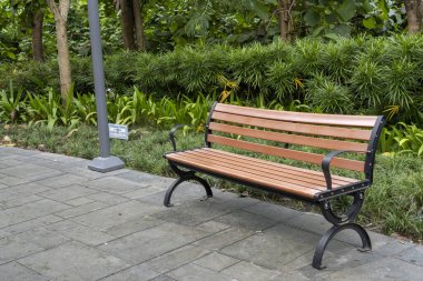 Tahta bank bir çalılığın önünde duruyor. Banklar boş, çalılar yeşil.