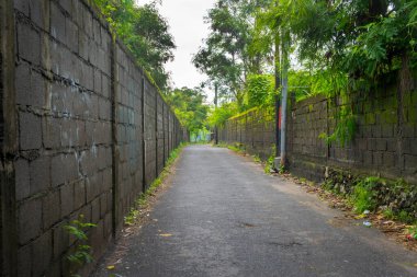 İki tarafında tuğla duvar olan bir yol. Yol boş ve ne insan ne de araç var.