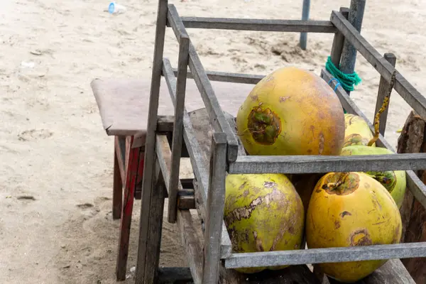 Tahta kutunun üzerine yeşil hindistan cevizi yığını. Hindistan cevizleri olgunlaşmış ve sert bir kabukları var.