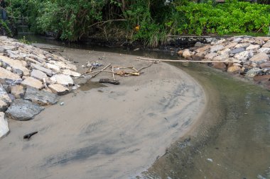 Nehir kayalık bir bölgeden akıyor. Su bulanık ve kahverengi. Kayalar büyük ve pürüzlüdür ve nehir ağaçlarla çevrilidir. Huzurlu ve huzurlu bir sahne.