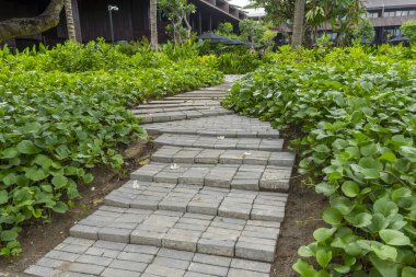Yeşil bitkilerden oluşan bir yolu olan tuğla yürüyüş yolu bir binaya çıkıyor. Bitkiler yemyeşil ve yemyeşil. Geçit de tuğladan yapılmış.